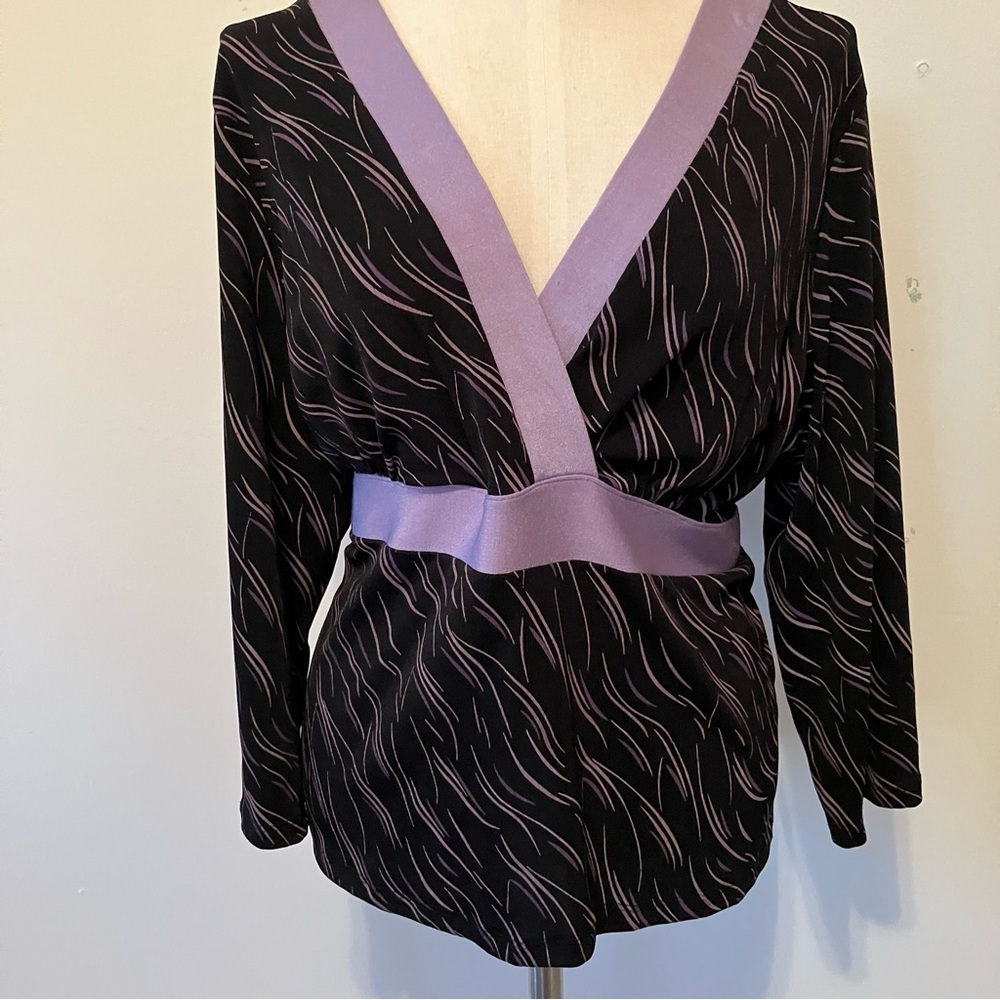Vintage Women’s Y2K Babydoll Sz. L Jersey Knit Top Purple Black Kimono Style